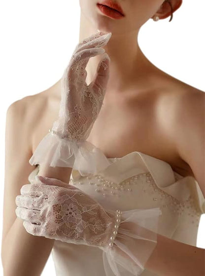 Women's Short Pearls Lace Mesh Gloves Tulle Bridal Tea Party Gloves
