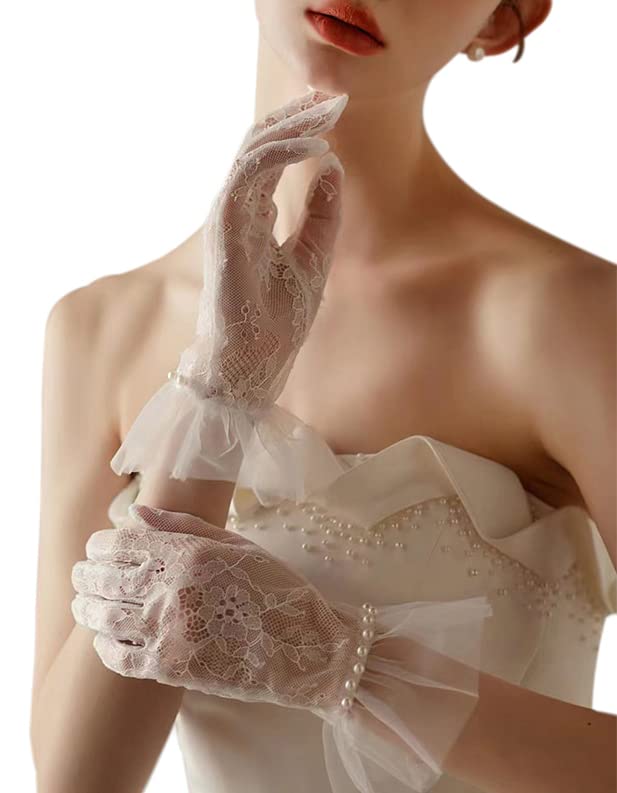 Women's Short Pearls Lace Mesh Gloves Tulle Bridal Tea Party Gloves