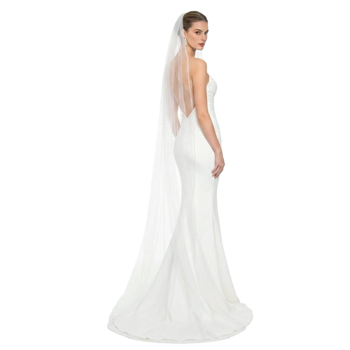 1 Tier Wedding Veil Fingertip Length with Pearls Beaded Edge