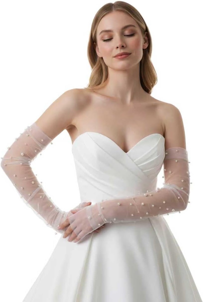Long Tulle Pearl Wedding Gloves Elbow Length Summer Fingerless Glove