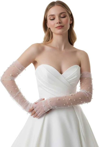 Long Tulle Pearl Wedding Gloves Elbow Length Summer Fingerless Glove