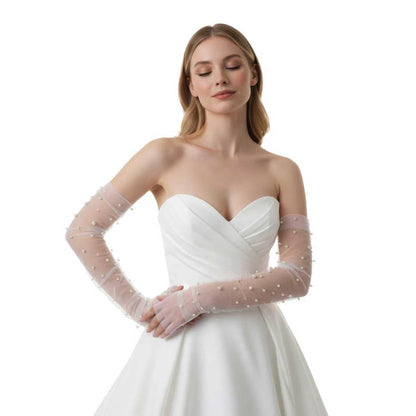 Long Tulle Pearl Wedding Gloves Elbow Length Summer Fingerless Glove