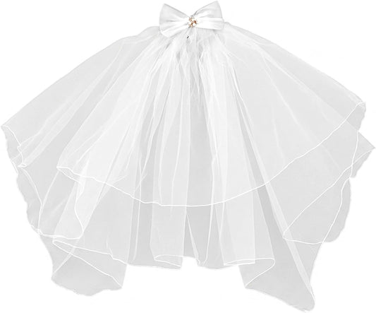 White Short Wedding Veil, Bride Veil Pearl Bride Veils with Bow 20''Short White Bachelorette Veils Wedding Accessories