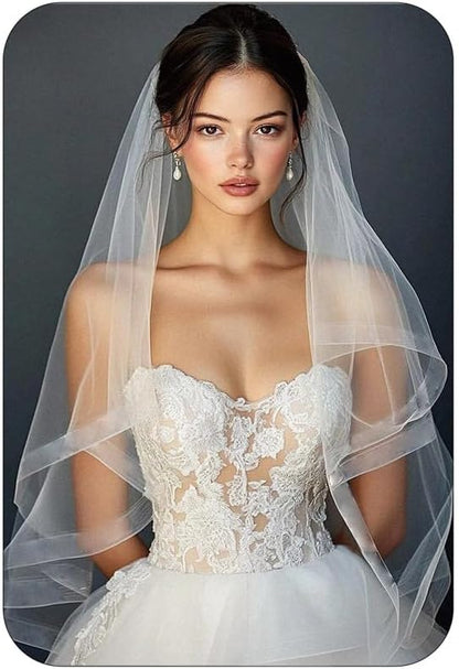Fingertip Bride Wedding Veils 2 Tier Bridal Veil Ribbon Edge Veils with Comb for Brides and Women