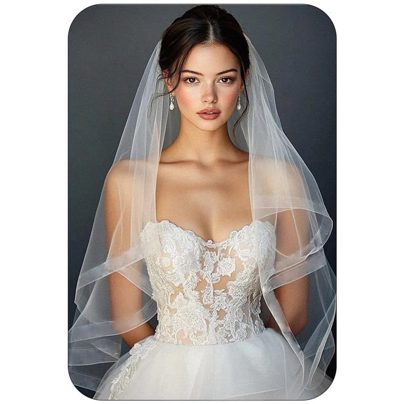Fingertip Bride Wedding Veils 2 Tier Bridal Veil Ribbon Edge Veils with Comb for Brides and Women