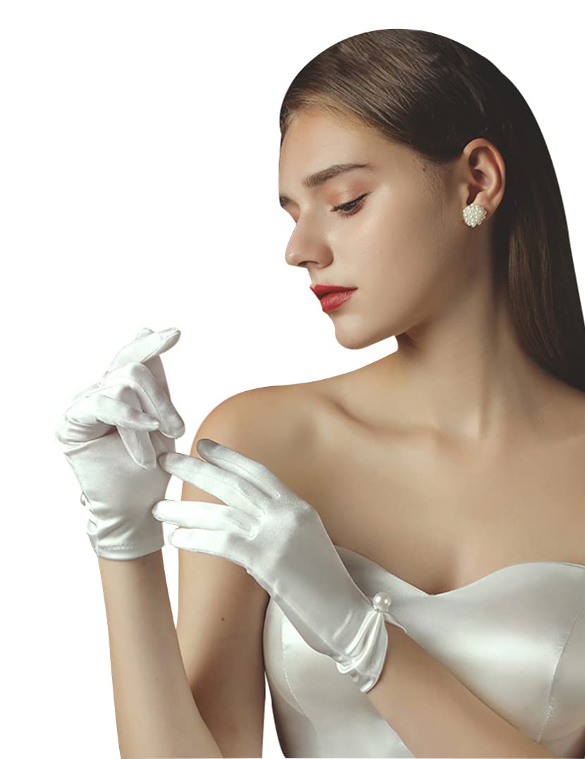 QRBTSCL Women's Short Satin Gloves for Wedding Tulle Tea Party Gloves