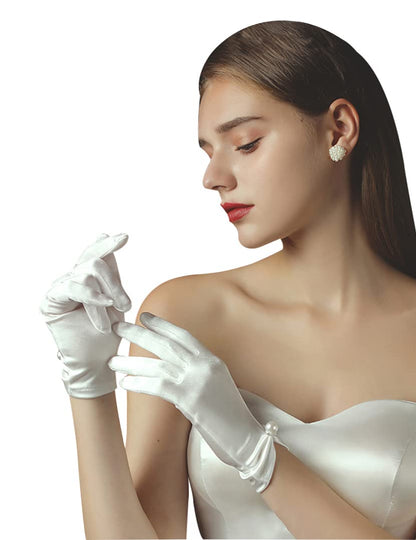 QRBTSCL Women's Short Satin Gloves for Wedding Tulle Tea Party Gloves
