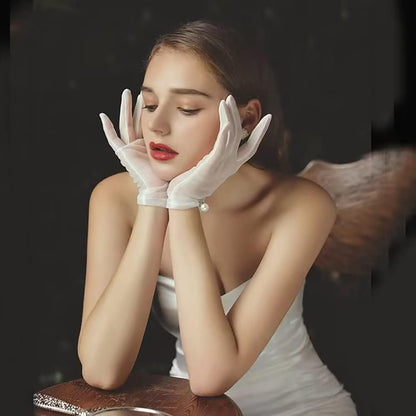 Women's Short Pearl Tulle Gloves Formal Bridal Wedding Wrist Gloves