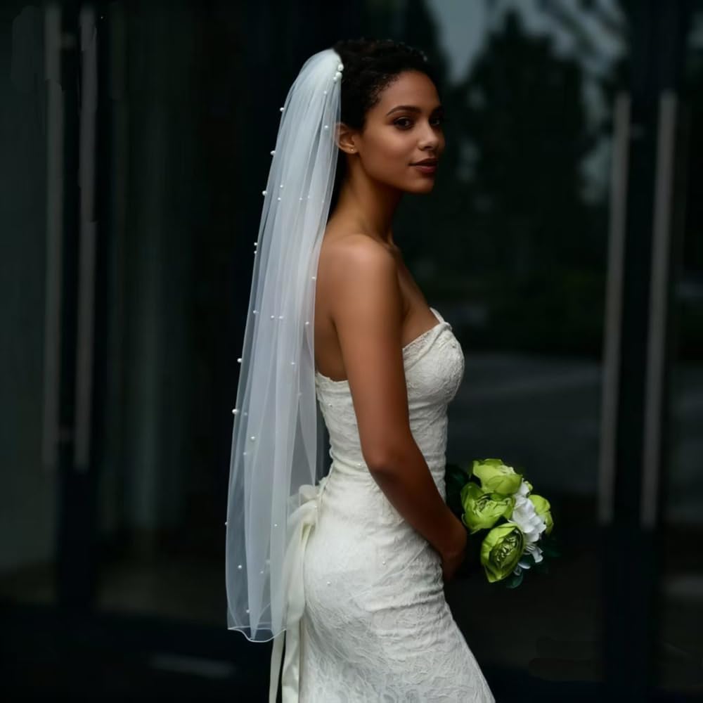 JEWSUN Pearls Bridal Veil Wedding Veil 1 Tier with Tulle-Wrapped Metal Comb Pencil Edge