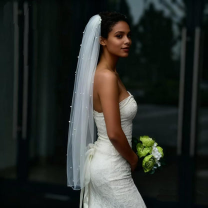 JEWSUN Pearls Bridal Veil Wedding Veil 1 Tier with Tulle-Wrapped Metal Comb Pencil Edge