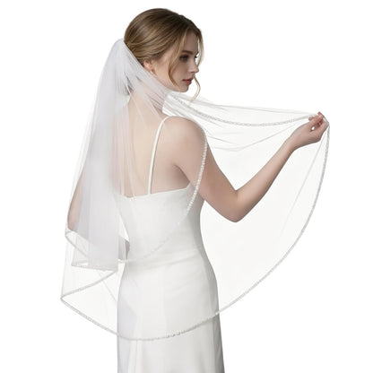 1 Tier Wedding Veil Fingertip Length with Pearls Beaded Edge