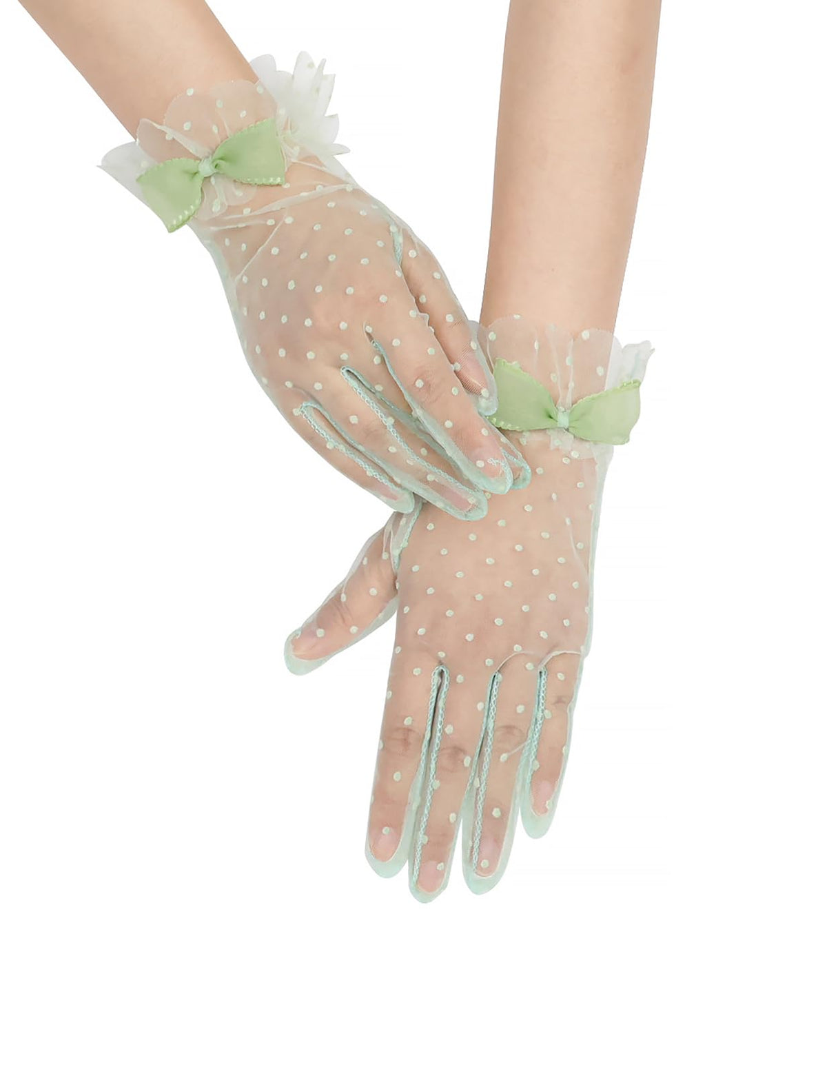 Short Polka Dot Lace Gloves Bow Mesh Tea Party Gloves for Women