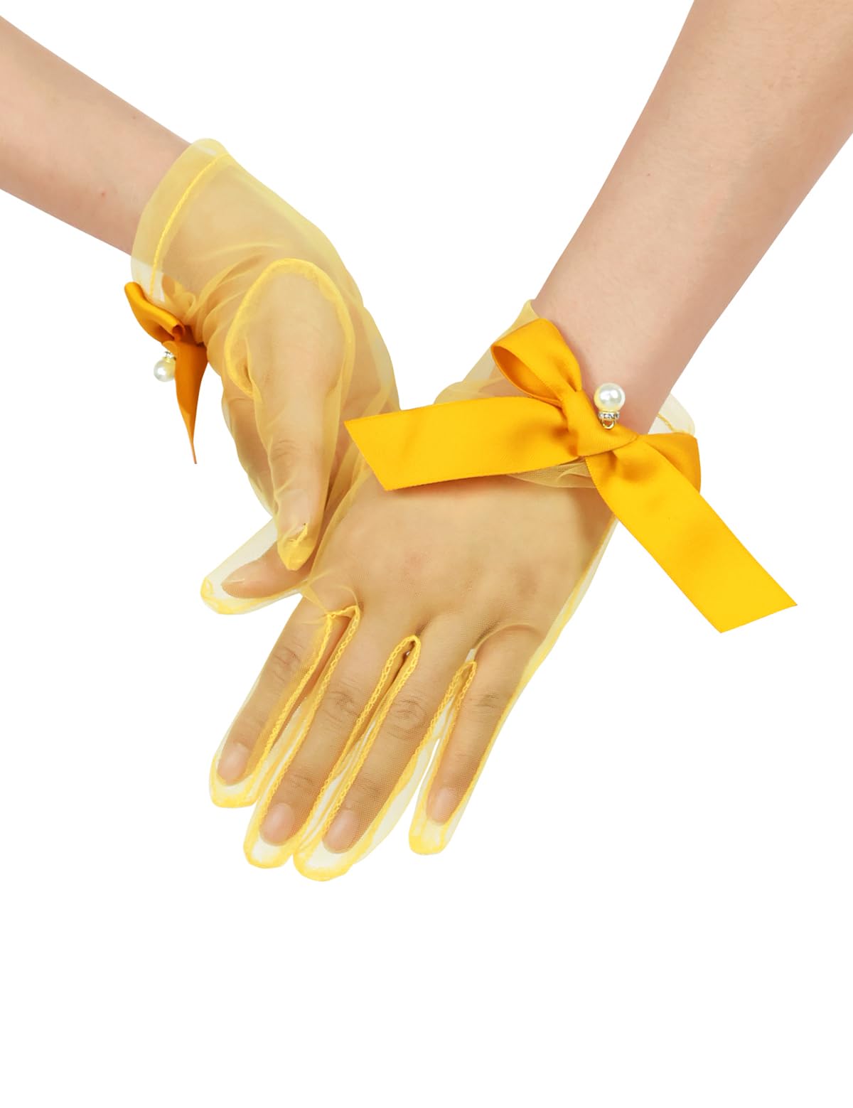 Women Short Pearl Tulle Gloves with Bow Wedding Mesh Tea Party Gloves