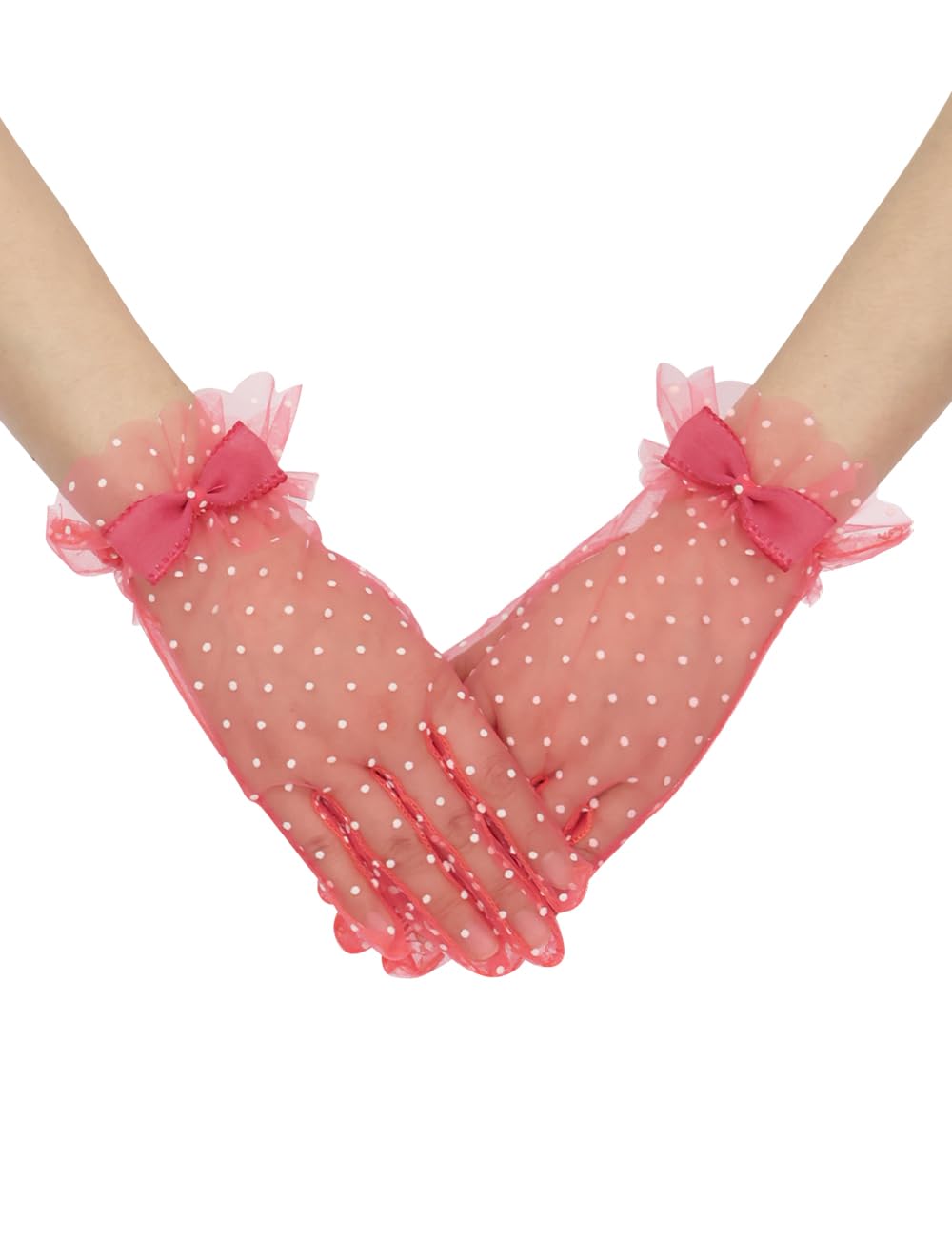 Short Polka Dot Lace Gloves Bow Mesh Tea Party Gloves for Women