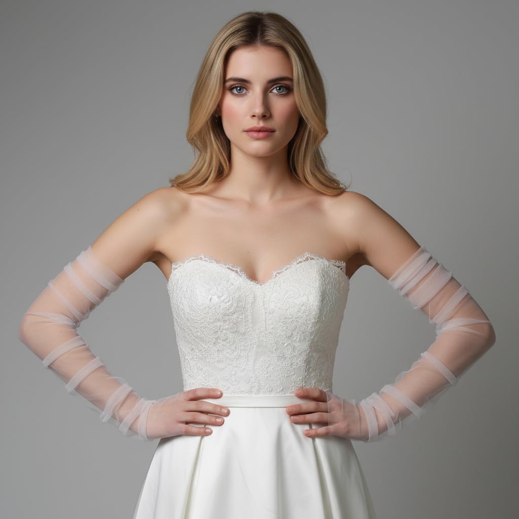 Long Tulle Pearl Wedding Gloves Elbow Length Summer Fingerless Glove