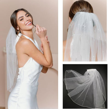 White Short Wedding Veil Pearl Rhinestone Bride Veils Bridal Veils Bachelorette Party Veil for Brides and Women