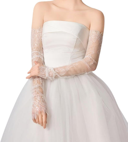 Mrotrida Women's Fingerless Lace Long Bridal Gloves Removable Hollow Out Sheer Arm Sleeves Tulle Solid Color Wedding Gloves