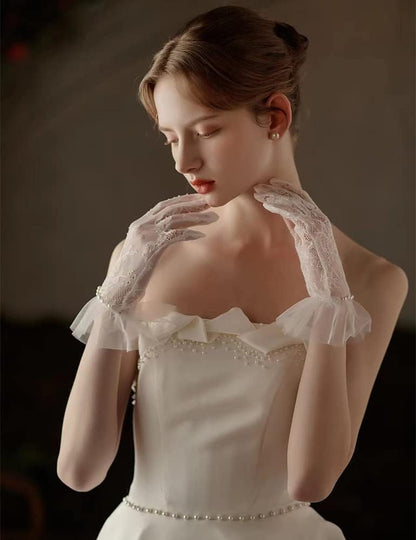 Women's Short Pearls Lace Mesh Gloves Tulle Bridal Tea Party Gloves