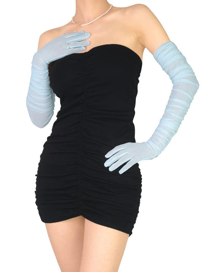Stretchy Ruched Sheer Mesh Tulle Long Opera Gloves for Women