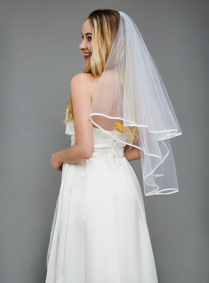 2 Tier White Bridal Veil with white binding