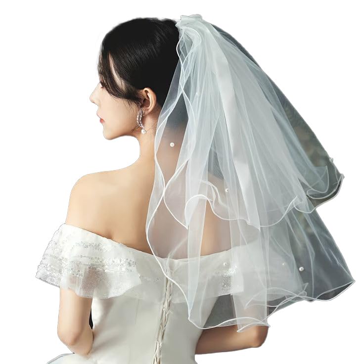 White Short Wedding Veil Pearl Rhinestone Bride Veils Bridal Veils Bachelorette Party Veil for Brides and Women