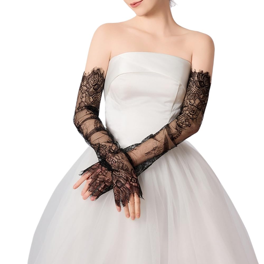 Mrotrida Women's Fingerless Lace Long Bridal Gloves Removable Hollow Out Sheer Arm Sleeves Tulle Solid Color Wedding Gloves