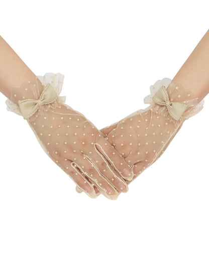 Short Polka Dot Lace Gloves Bow Mesh Tea Party Gloves for Women