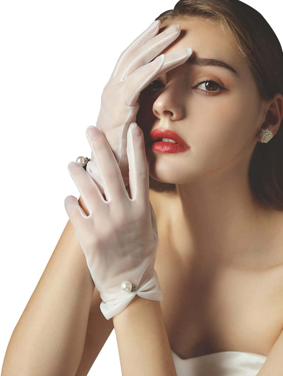Women's Short Pearl Tulle Gloves Formal Bridal Wedding Wrist Gloves