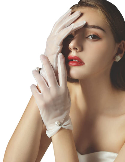 Women's Short Pearl Tulle Gloves Formal Bridal Wedding Wrist Gloves