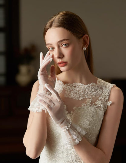 Women's Short Pearls Lace Mesh Gloves Tulle Bridal Tea Party Gloves