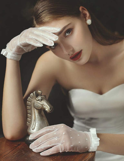 QRBTSCL Women's Lace Gloves Short Tea Party Wedding Bridal Gloves with Bow