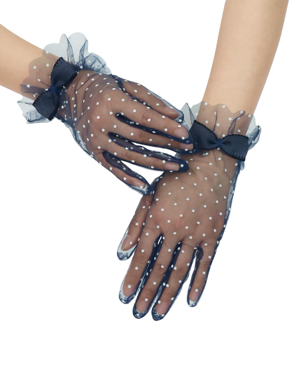 Short Polka Dot Lace Gloves Bow Mesh Tea Party Gloves for Women