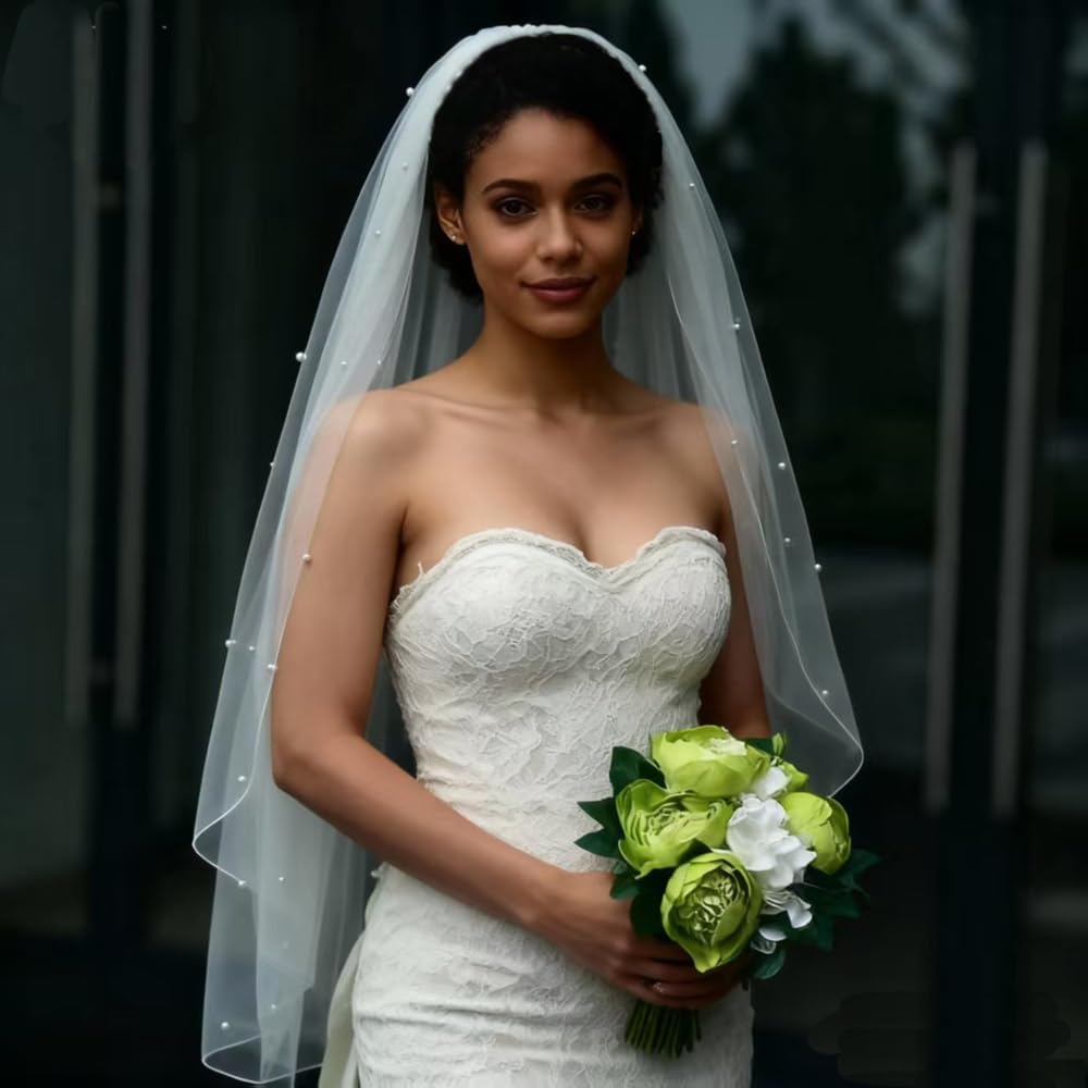 JEWSUN Pearls Bridal Veil Wedding Veil 1 Tier with Tulle-Wrapped Metal Comb Pencil Edge