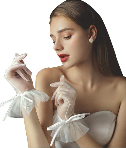 QRBTSCL Women's Lace Gloves Short Tea Party Wedding Bridal Gloves with Bow