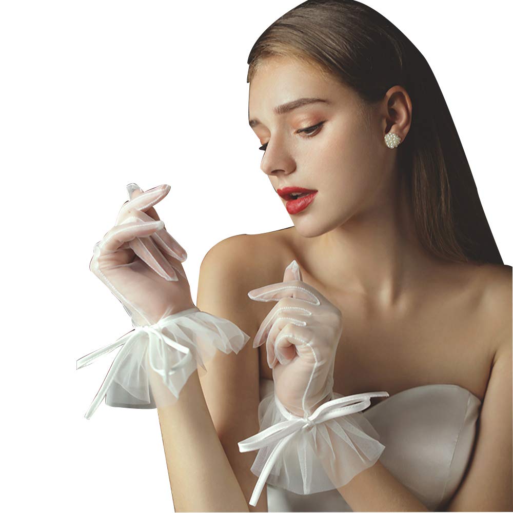 QRBTSCL Women's Lace Gloves Short Tea Party Wedding Bridal Gloves with Bow
