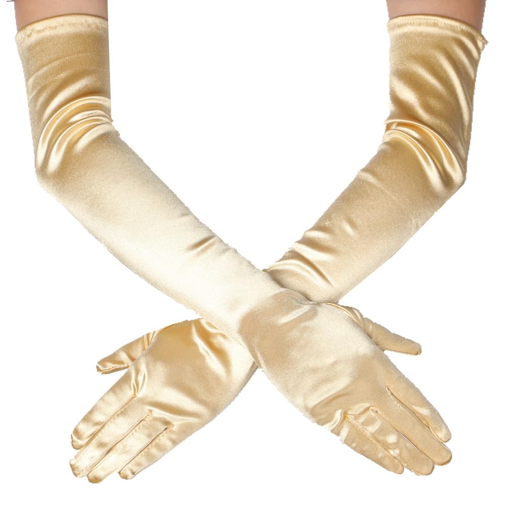 DreamHigh Women's Evening Party Mittens 21" Long Black/White Satin Finger Gloves