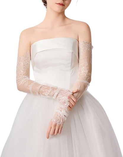 Mrotrida Women's Fingerless Lace Long Bridal Gloves Removable Hollow Out Sheer Arm Sleeves Tulle Solid Color Wedding Gloves