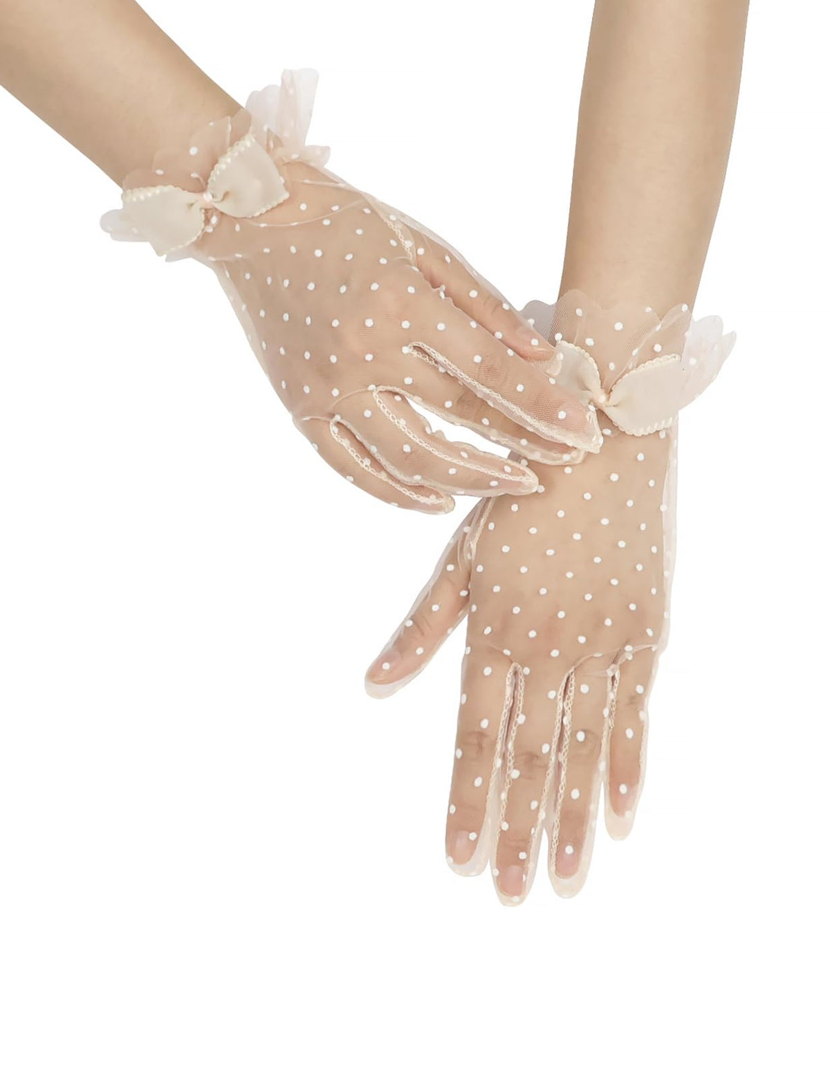 Short Polka Dot Lace Gloves Bow Mesh Tea Party Gloves for Women