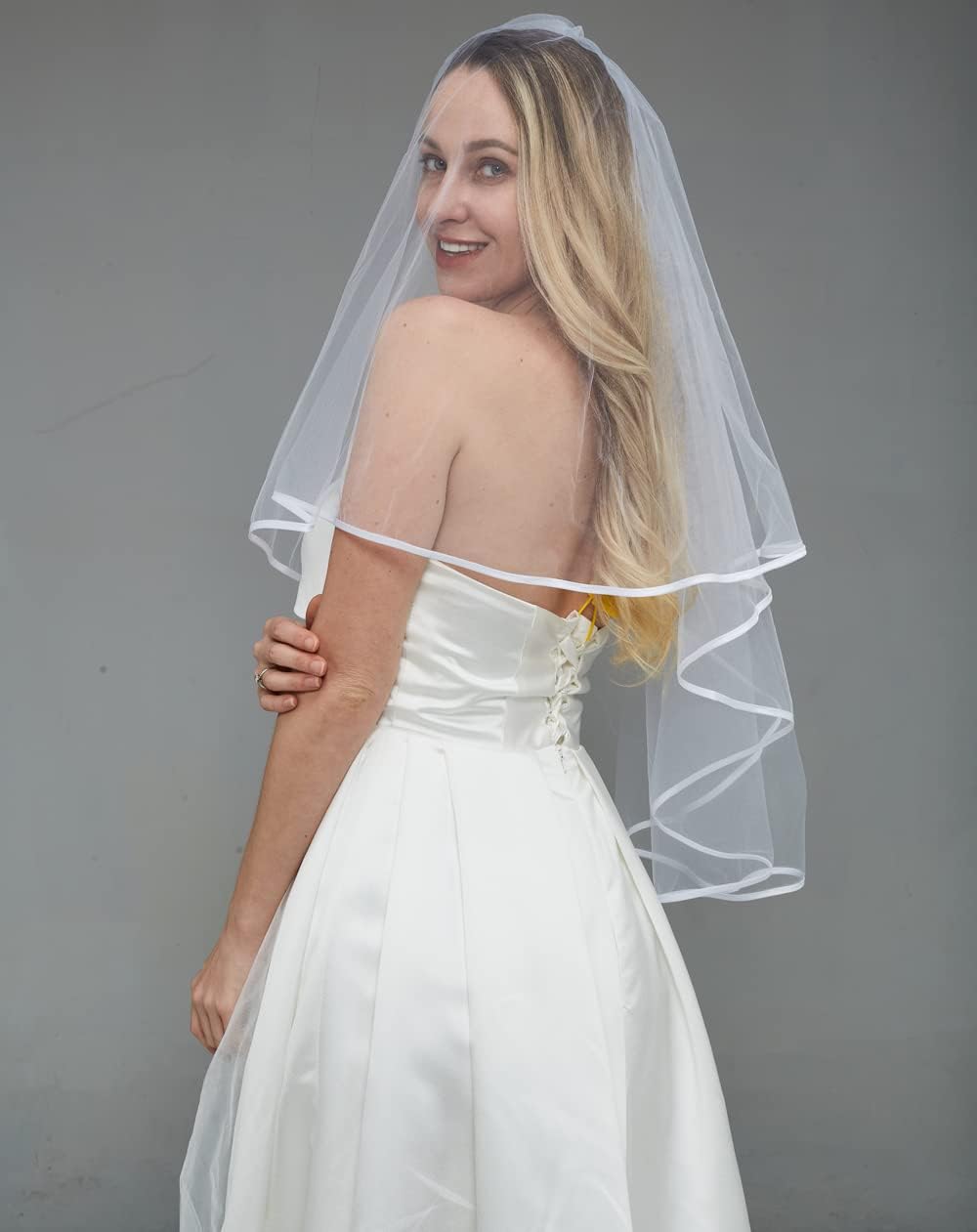 2 Tier White Bridal Veil with white binding
