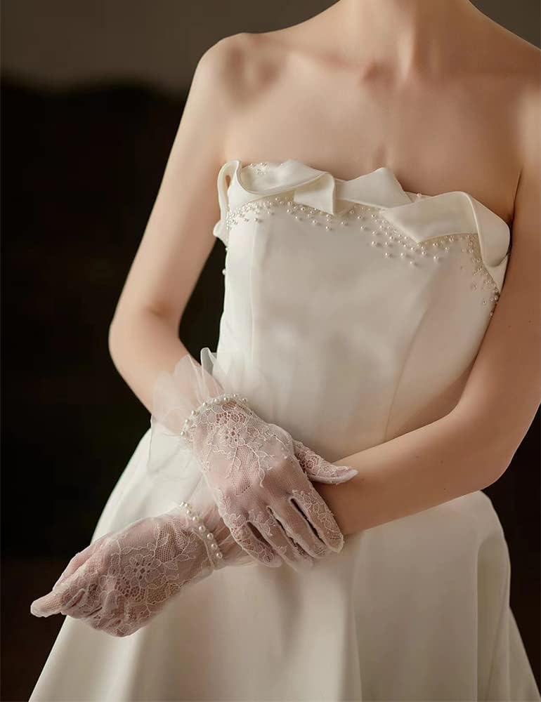 Women's Short Pearls Lace Mesh Gloves Tulle Bridal Tea Party Gloves