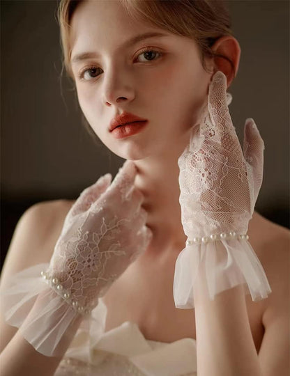 Women's Short Pearls Lace Mesh Gloves Tulle Bridal Tea Party Gloves