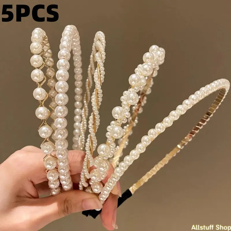 Women's 5-Piece One Size Faux Pearl Metal Headbands - Sports & Outdoor Clothing Fashion Headwear for Daily, Bridal Styling
