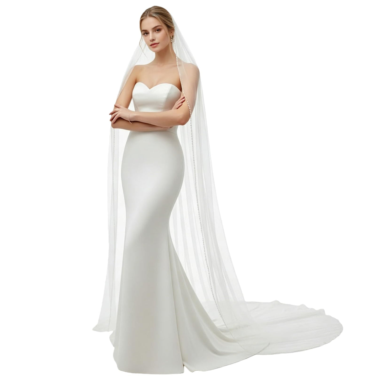 1 Tier Wedding Veil Fingertip Length with Pearls Beaded Edge