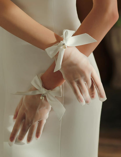 Women Short Pearl Tulle Gloves with Bow Wedding Mesh Tea Party Gloves
