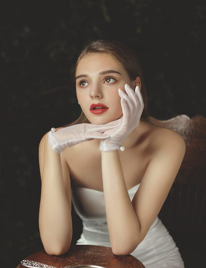 QRBTSCL Women's Short Satin Gloves for Wedding Tulle Tea Party Gloves