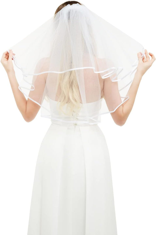 White Bridal Veil Short 2 Tier Veil with white binding