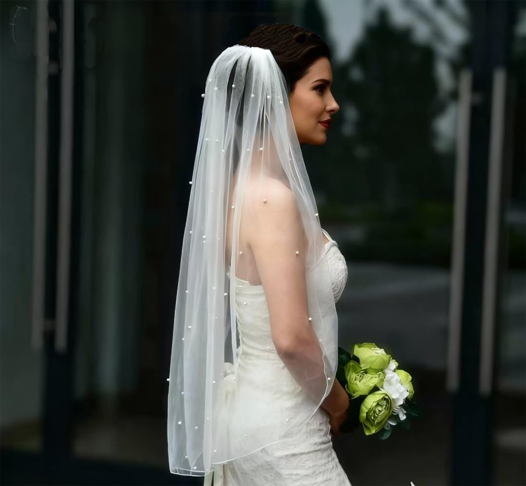 JEWSUN Pearls Bridal Veil Wedding Veil 1 Tier with Tulle-Wrapped Metal Comb Pencil Edge