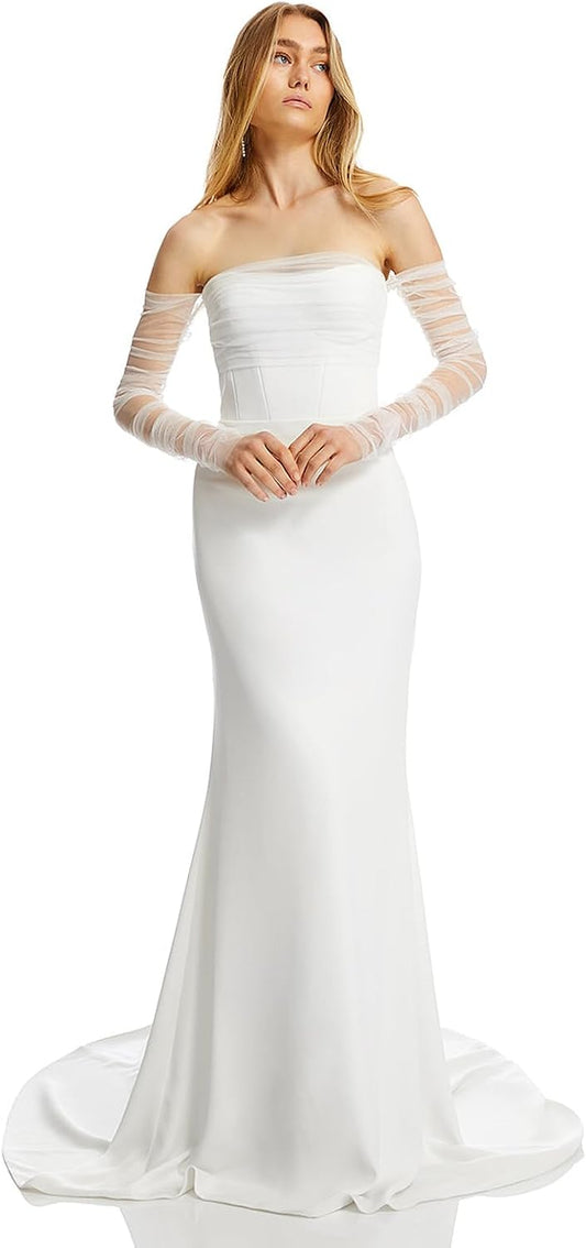 Long Tulle Pearl Wedding Gloves Elbow Length Summer Fingerless Glove