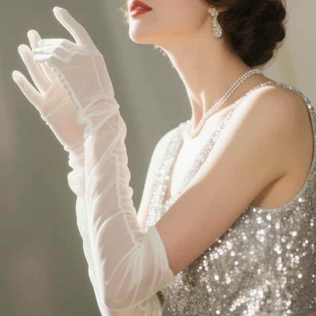 THARAHT Women Long Sheer Gloves Tulle Mesh Gloves Suitable For 1920s Opera Tea Party Attire And Bridal Evening Gowns