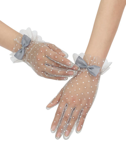 Short Polka Dot Lace Gloves Bow Mesh Tea Party Gloves for Women